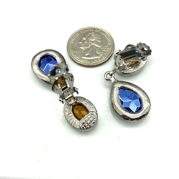 Vintage Faceted Crystals Dangle Earrings, Oval Green Drops to Pale Blue Teardrop - Picture 5 of 5